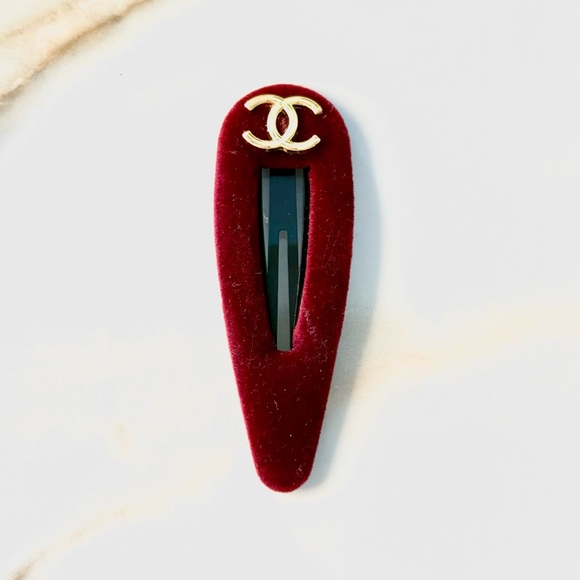 Burgundy Velvet Hair Clip with Gold Logo - Picture 3 of 3